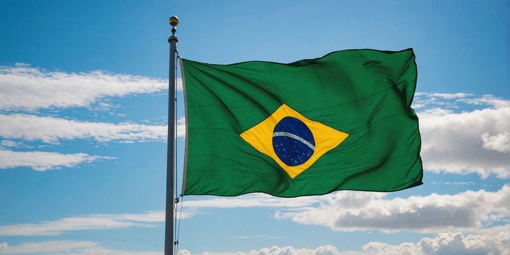 Brazilian flag waving with blue sky