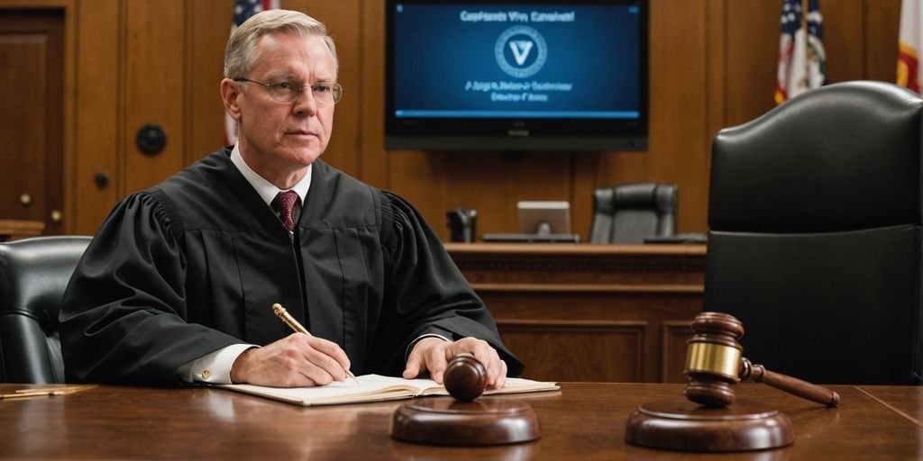 Judge with gavel and VPN interface on computer