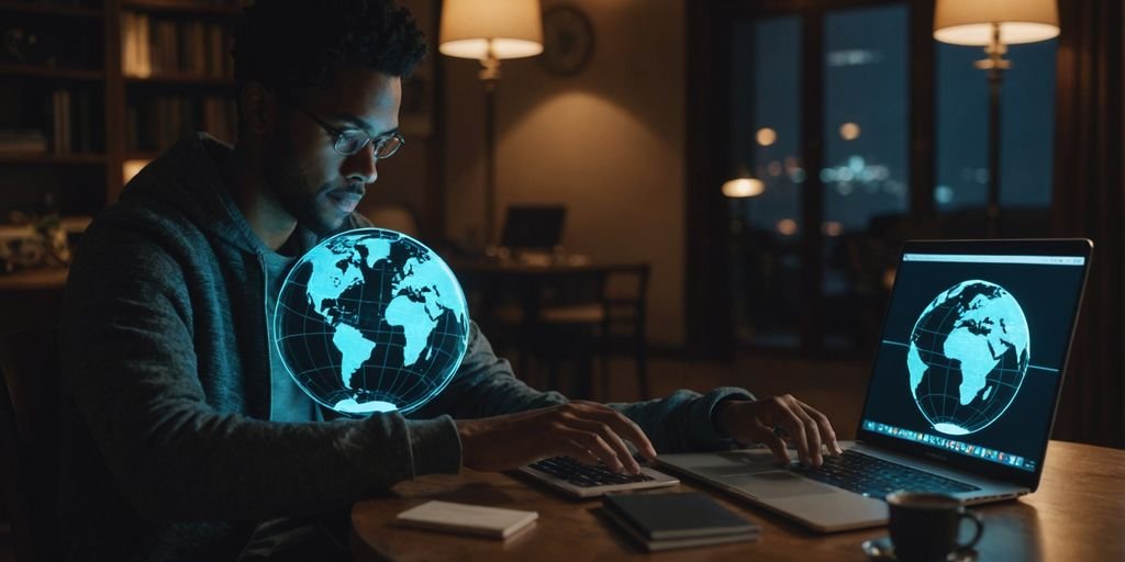 Person using laptop with globe hologram