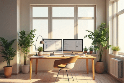 Arte digital de alta resolução da configuração do escritório doméstico de um designer moderno, monitores duplos mostrando modelos de UX/UI, vasos de plantas, luz natural quente, estilo minimalista e elegante