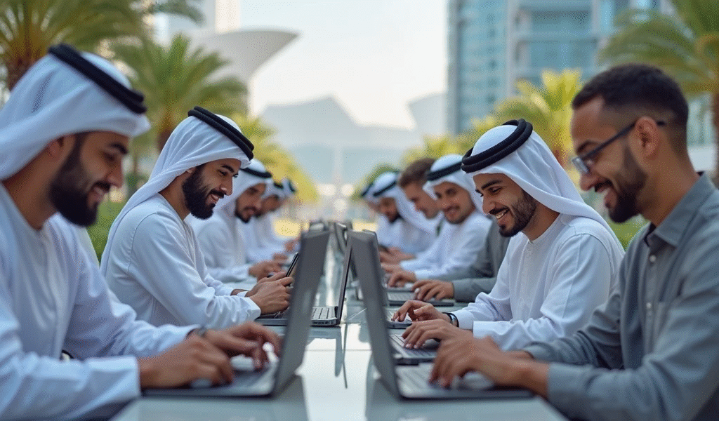 "Um grupo diversificado de cidadãos dos Emirados Árabes Unidos, incluindo homens e mulheres em trajes tradicionais e modernos, usando laptops e smartphones com a interface do ChatGPT Plus visível nas telas. Ambiente urbano moderno com arquitetura futurista ao fundo. Estilo realista, iluminação natural, resolução 8K."