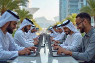 "Um grupo diversificado de cidadãos dos Emirados Árabes Unidos, incluindo homens e mulheres em trajes tradicionais e modernos, usando laptops e smartphones com a interface do ChatGPT Plus visível nas telas. Ambiente urbano moderno com arquitetura futurista ao fundo. Estilo realista, iluminação natural, resolução 8K."
